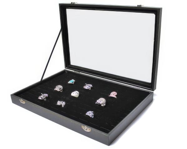 Schmuckkasten Schmucklade Schaukasten Schmuckdisplay mit Glasdeckel mit 100 Schlitze für Breite Ringe schwarz